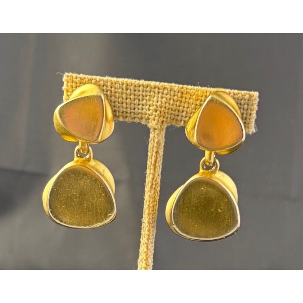 CLARA STUDIO 2” Earrings Matte Gold Tone Modernist Clip On Dangle Vintage MCM